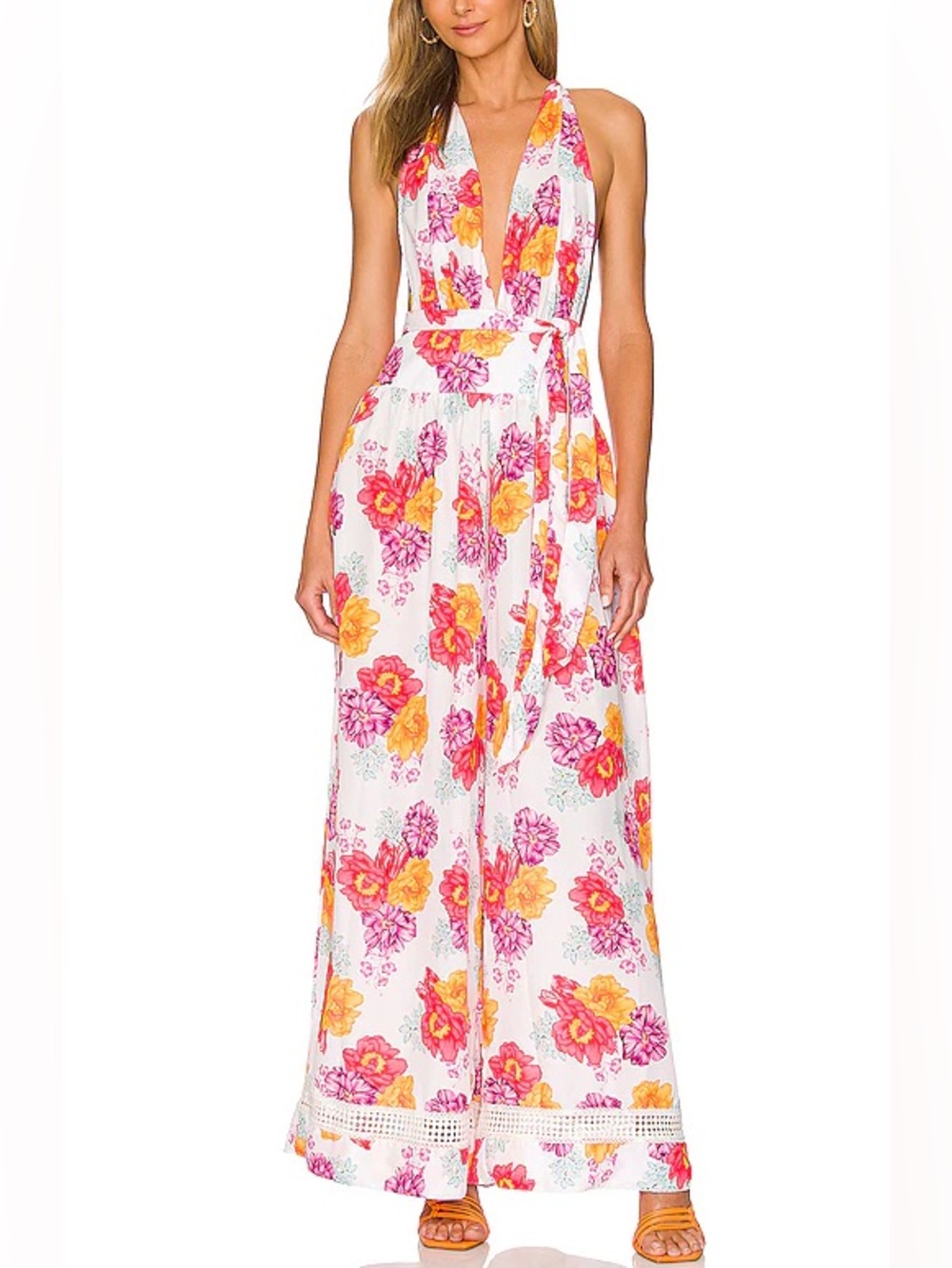 NWT Revolve White Red Floral AGUA BENDITA Loliena Jumpsuit in White Eden Sz L